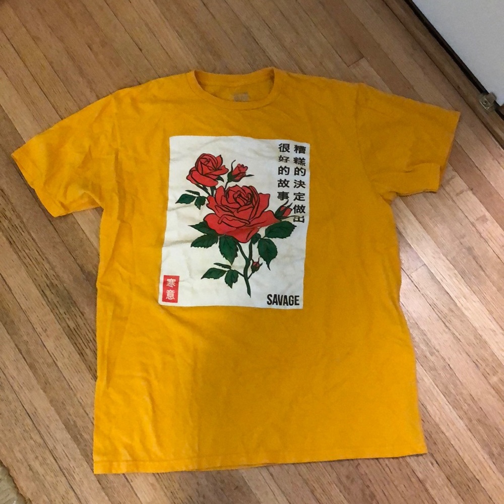 Yellow Chinese writing/rose t shirt